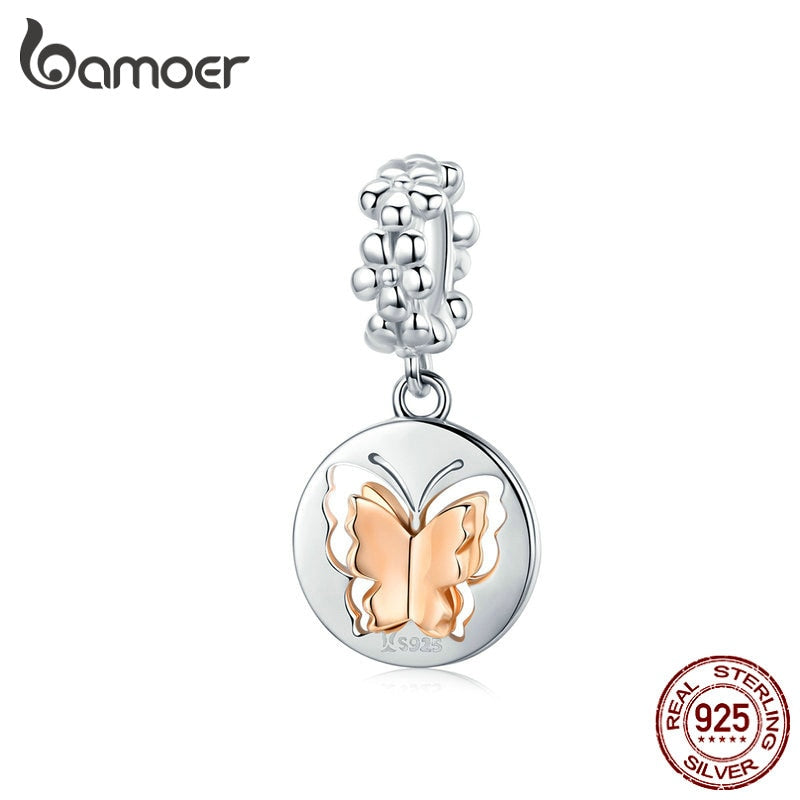 bamoer Biocolor Rose Gold Color Butterfly Pendant Charm fit for Original Women Silver Bracelet Sterling Silver Jewelry SCC1250