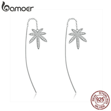 bamoer Tropical Leaves Long Chain Earrings for Women Clear CZ Stone Sterling Silver 925 Dangle Earing Luxury Fine Jewelry BSE132