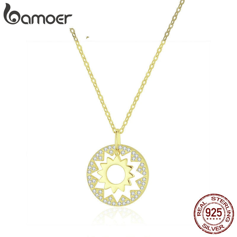 bamoer Gold Color Royal Sun Pendant Necklaces for Women Clear CZ Chain Necklace 925 Sterling Silver Korean Style Jewelry BSN081