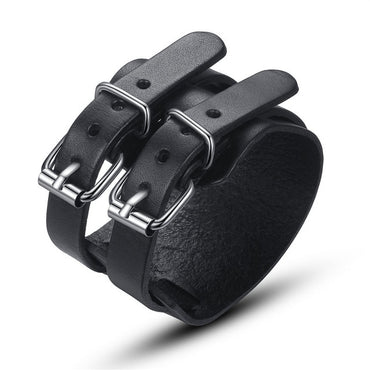 BAMOER Fashion Double Belt Leather Wrist Friendship Big Wide Bracelet for Men Buckle Vintage Punk Jewelry PI0268
