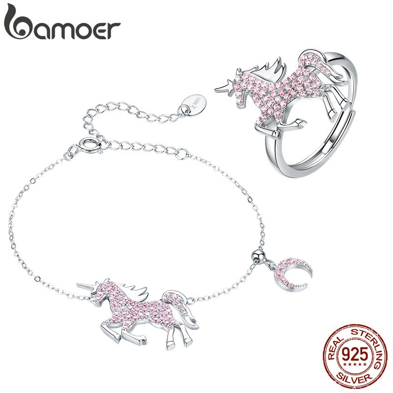 bamoer Fantasy Mystery Licorne Charm Bracelet and Finger Rings Women 925 Sterling Silver Pink CZ Statement Jewelry Sets ZHS147