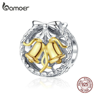 bamoer Christmas Bell Round Metal Beads for Women Jewelry Making 925 Stelring Silver Charm fit Bracelet DIY Bijoux SCC1358