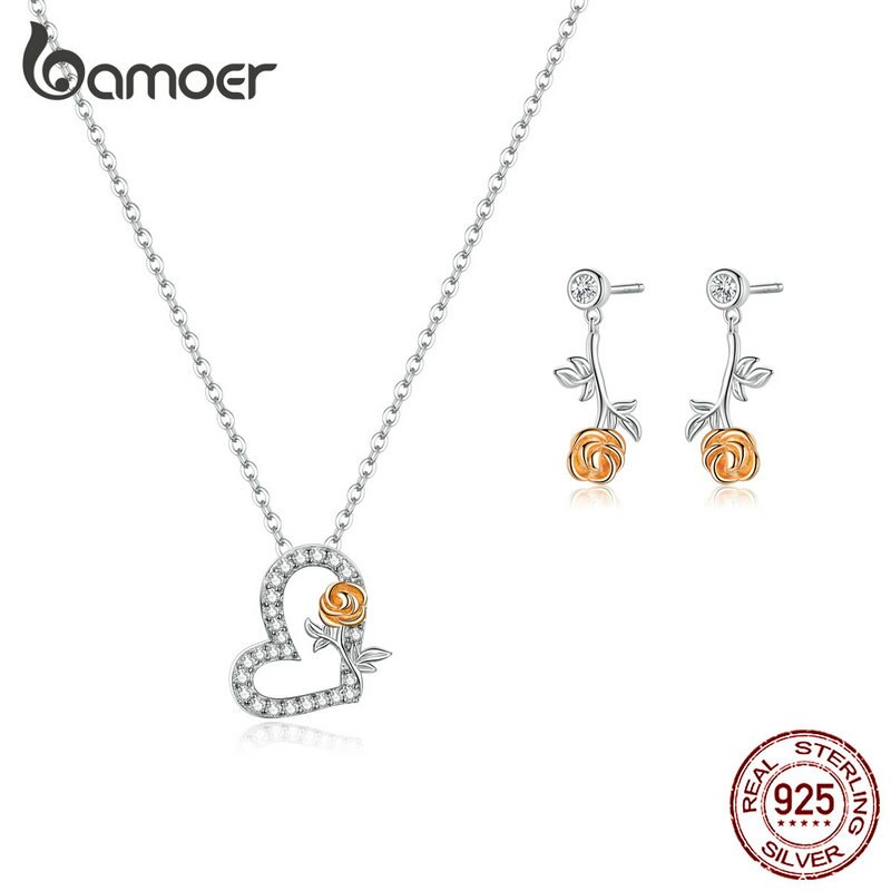 bamoer Silver 925 Jewelry Rose and Love Flower Drop Earrings for Women Heart-shape Necklace Female Wedding Bijoux ZHS168