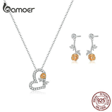 bamoer Silver 925 Jewelry Rose and Love Flower Drop Earrings for Women Heart-shape Necklace Female Wedding Bijoux ZHS168