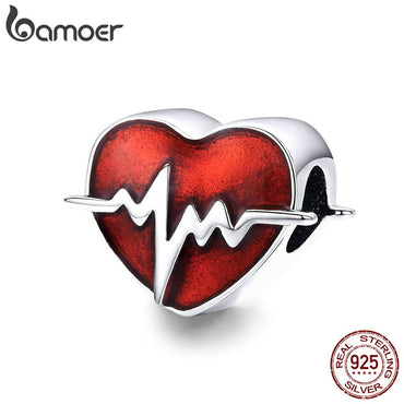 BAMOER Heart Beads Silver 925 Jewelry Red Enamel Charms Heartbeat Charm Compatible Luxury Brand Snakle Bracelet Bangles SCC1151
