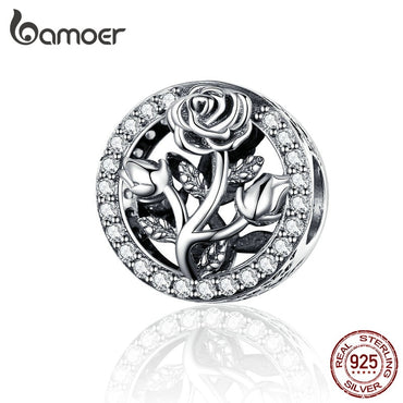 BAMOER Round Metal Charms 925 Stering Silver Rose Flower Beads for Women Jewelry Making Charm Bracelet Accessories SCC1189