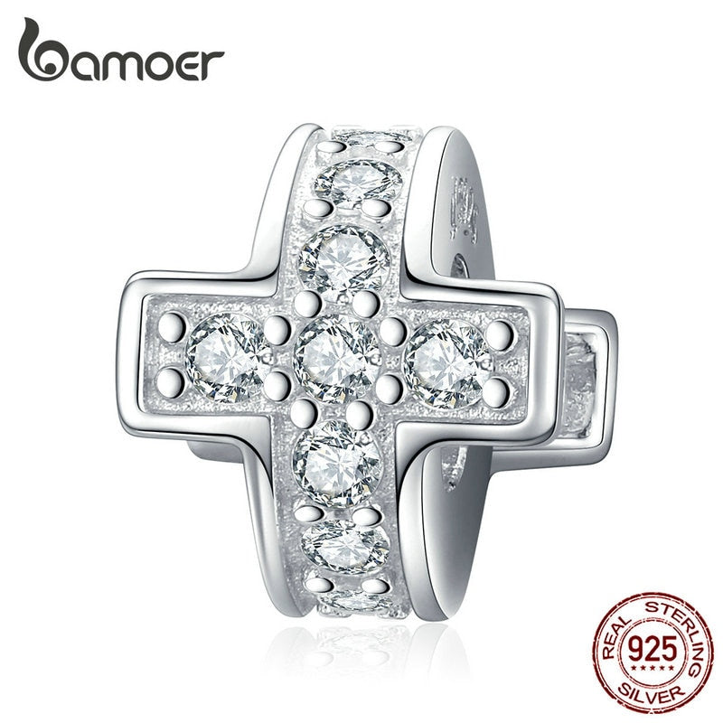 bamoer Dazzling Cross Metal Beads with Silicone Stopper Charm for Women Sterling Silver Fashion Jewelry Accessories SCC1292