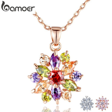 BAMOER  Rose Gold Color Necklaces Pendants with Multi Color AAA Cubic Zircon For Women Christmas Gift JIN029