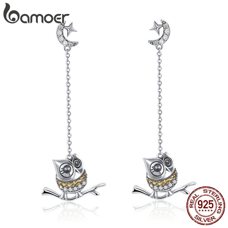 BAMOER Authentic 925 Sterling Silver Cute Owl Long Chain Drop Earrings for Women Moon Clear CZ Sterling Silver Jewelry SCE396