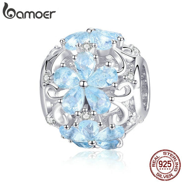 BAMOER Winter Collection 925 Sterling Silver Elegant Snowflake Beads Light Blue CZ Charms fit Charm Bracelets DIY Jewelry SCC941