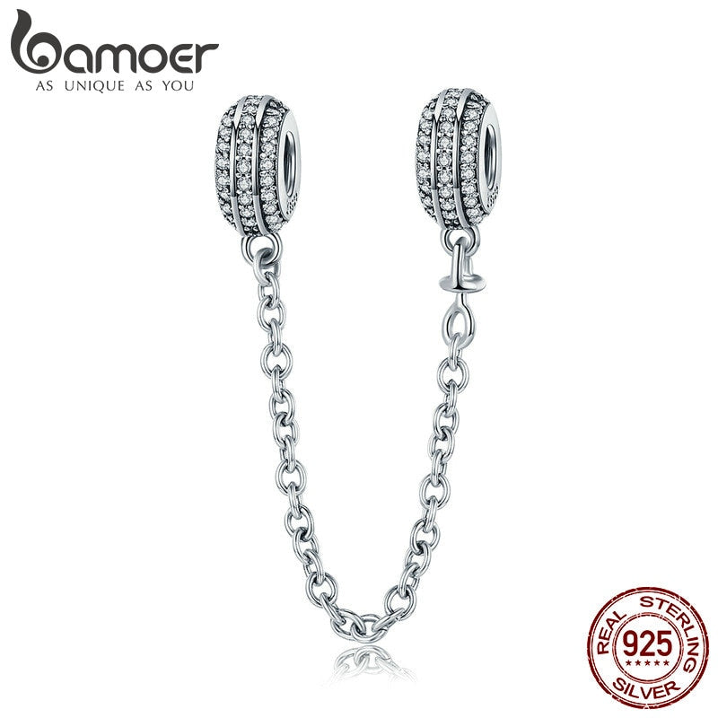 BAMOER New Collection 925 Sterling Silver Round Safety Chain Stopper Charm fit Women Bracelets DIY Jewelry Making Gift SCC812