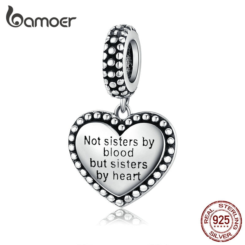 bamoer 925 Sterling Silver Engraved Heart Pendant Charm for Women Bracelet "not sister by blood, but sister by heart" SCC1396