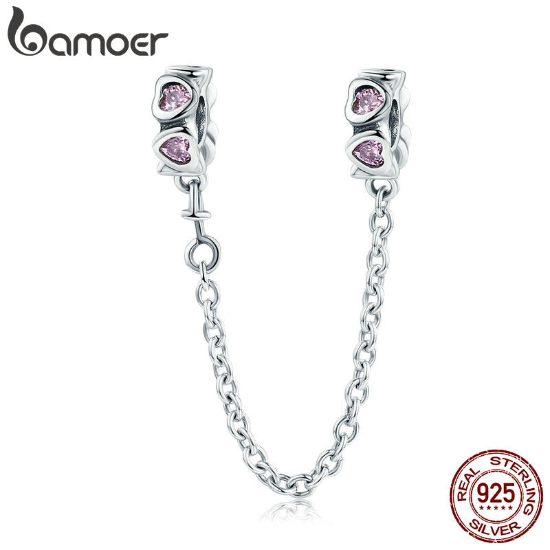 BAMOER 100% 925 Sterling Silver Sweet Inspiration, Pink Heart Safety Chain Stopper Charm fit Charm Bracelet DIY Jewelry SCC562