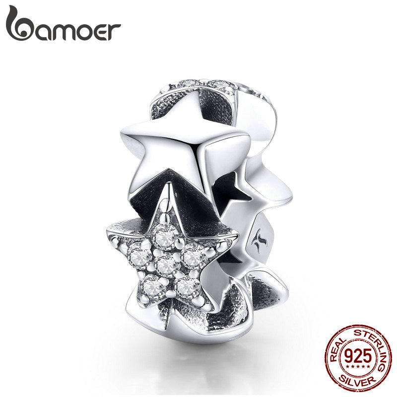 BAMOER Genuine 925 Sterling Silver Little Star to Star Beads Clear CZ Spacer fit Women Bracelets Bangles Jewelry Making SCC929