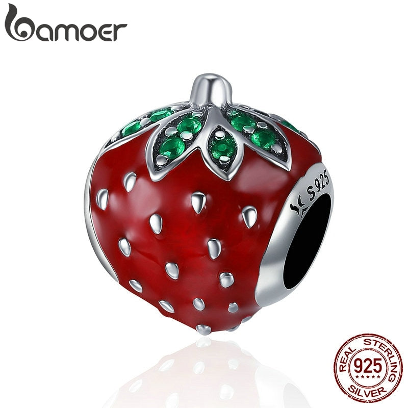 BAMOER Authentic 925 Sterling Silver Sweet Strawberry Red Enamel Charm fit Women Charm Bracelets & Bangles Fine Jewelry SCC369