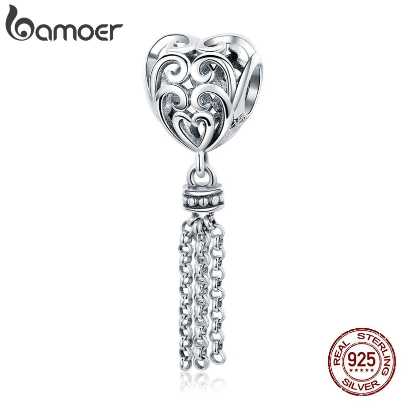 BAMOER 925 Sterling Silver Openwork Heart with Long Tassel Pendant Beads fit Women Charm Bracelets Necklaces DIY Jewelry SCC722