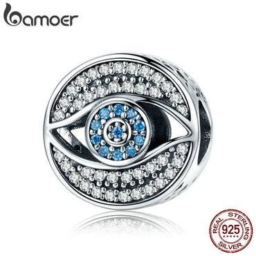 BAMOER Authentic 925 Sterling Silver Lucky Blue Eye Clear CZ Guarding Charm Beads fit Women Charm Bracelet DIY Jewelry SCC565