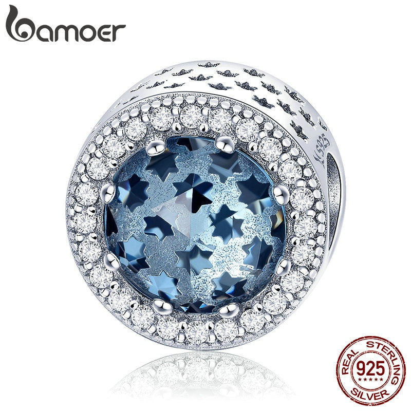 BAMOER 100% 925 Sterling Silver Sparkling Star Pave Blue CZ Beads fit Women Charm Bracelets & Necklaces Jewelry Making SCC730