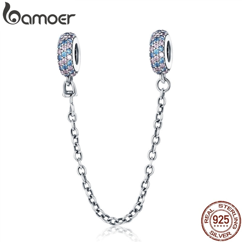 BAMOER Real 100% 925 Sterling Silver Pink and Blue CZ Round Safety Chain Charm Fit Charm Bracelet DIY Jewelry Making SCC379