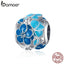 bamoer Blue Enamel Flower Round Beads Sterling Silver 925 Charms for Women European Luxury Brand Snake Bracelets BSC087