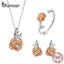 bamoer Silver 925 3D Vivid Rose Flower Jewelry Sets Pendant Necklace Finger Rings and Earrings for Women Trendy Jewelry ZHS182