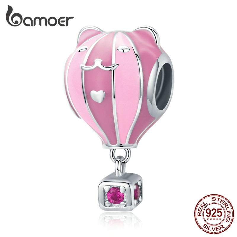 bamoer Genuine 925 Sterling Silver Cute Cat Ear Pink Enamel Beads Charm fit Women Original Silver Charms Bracelet SCC1378