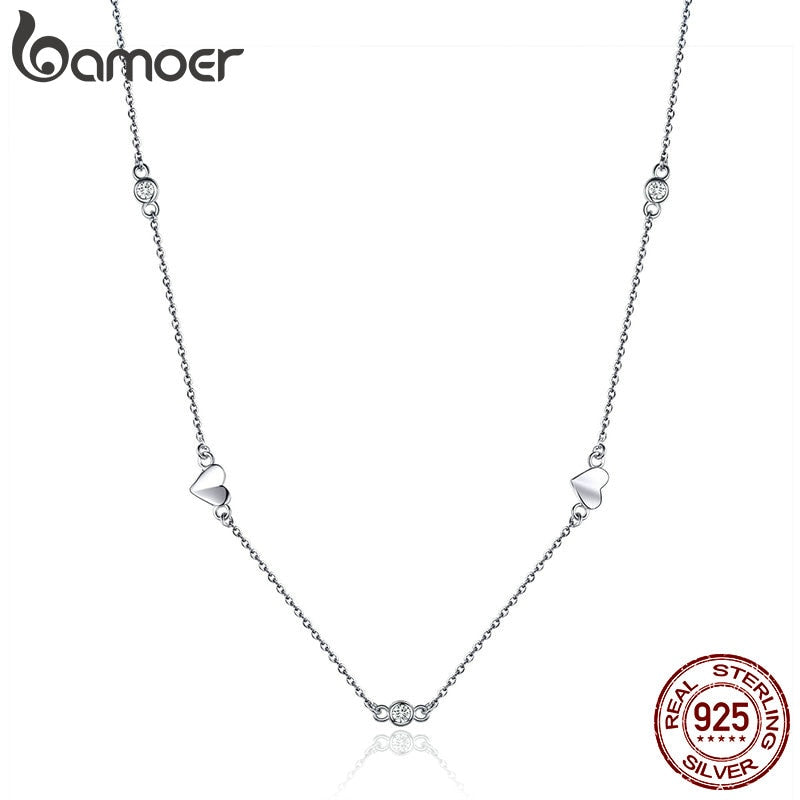 BAMOER Silver Necklace Chain Floding Heart Link 925 Sterling Silver Choker Necklaces for Women Short Colliers 45mm BSN047