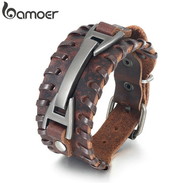 BAMOER Vintage Punk Leather Bracelet 2 Color Black & Brown Fashion Clasp Multilayer Braid Rope Bracelet for Men Jewelry PI0339-1