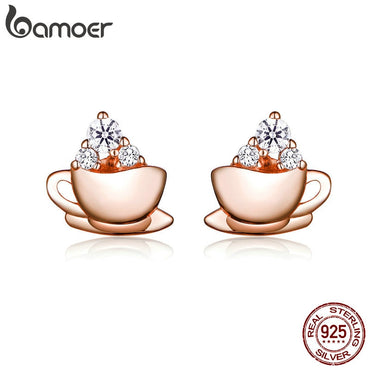 BAMOER Korean Earrings Sterling Silver 925 Rose Gold Coffee and Sugar Cube Stud Earings for Women Girl Gifts with Box SCE592