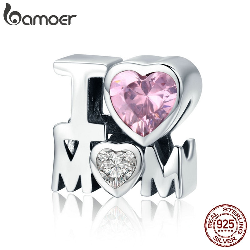 BAMOER Authentic 925 Sterling Silver I Love Mom Gift For Mother Charm fit Women Charm Bracelet & Necklace DIY Jewelry SCC579