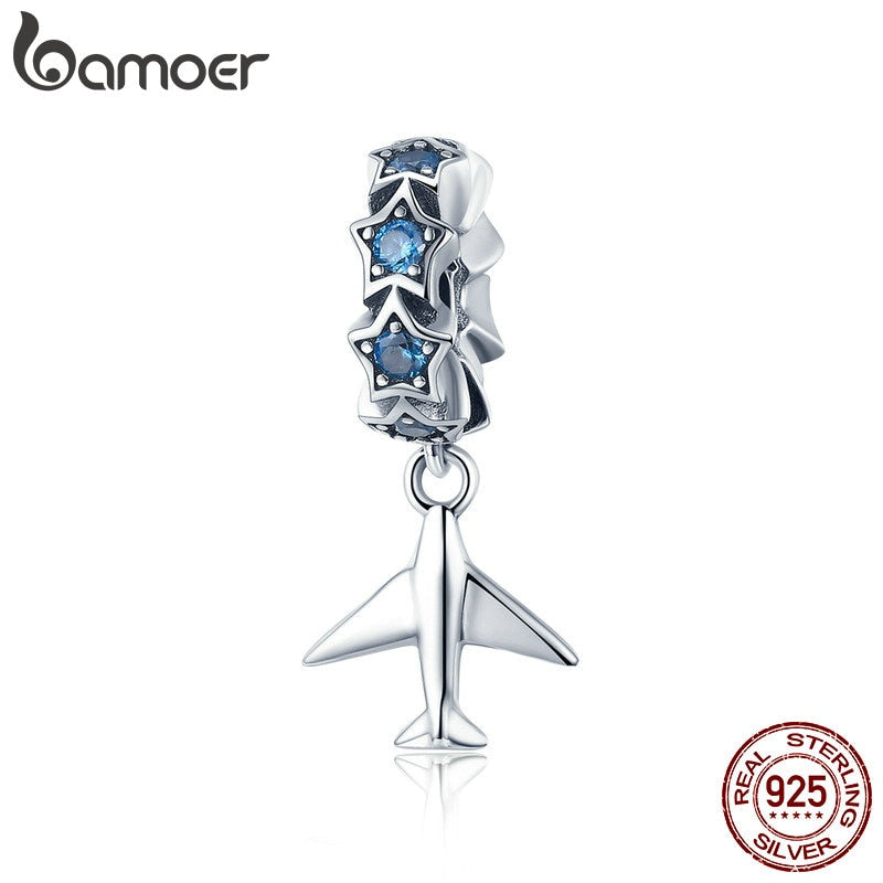 BAMOER 100% 925 Sterling Silver Fashion Travel Plane Stackable Dazzling Blue CZ Charms fit Charm Bracelet DIY Jewelry SCC882