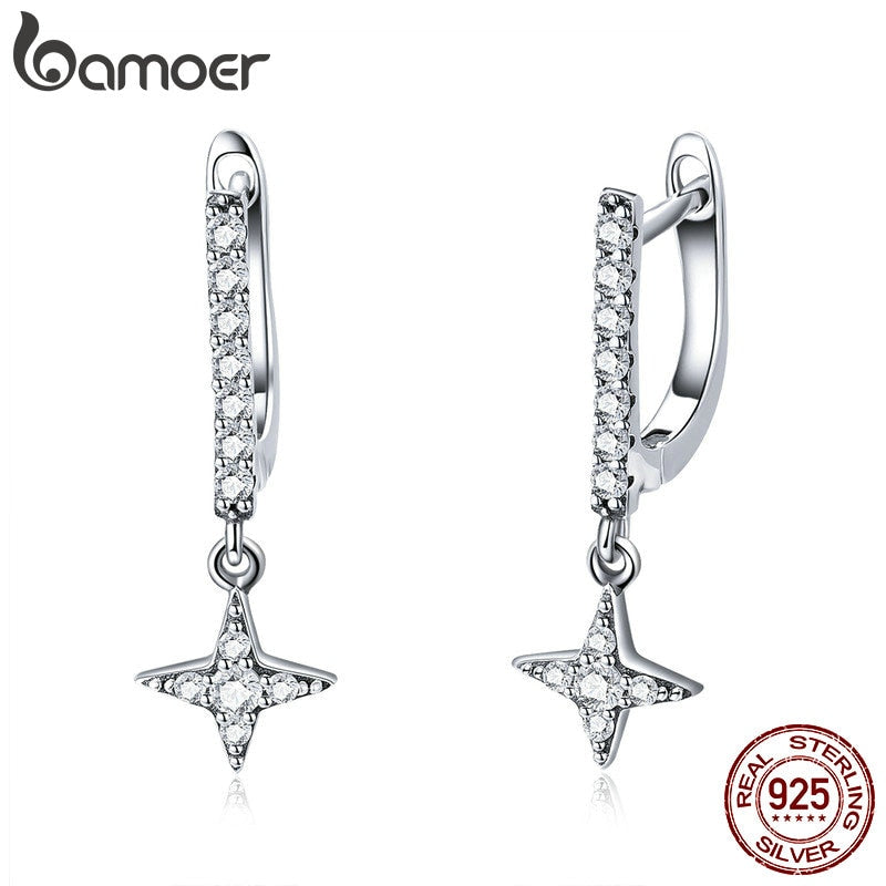 BAMOER 925 Sterling Silver Twinkling Star Geometric Drop Earrings for Women Luminous CZ Fashion Earrings Jewelry SCE446