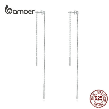 bamoer Silver Simple Geometric Chain Earrings 925 Sterling Silver AAA Cubic Zirconia Dazzling Drop Earring for Women Gift BSE186