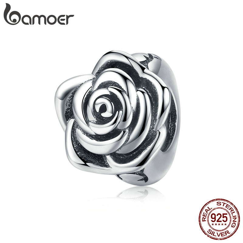 BAMOER Romantic New 925 Sterling Silver Rose Flower Buds Beads fit Charms Bracelets DIY Beads Sterling Silver Jewelry SCC1101