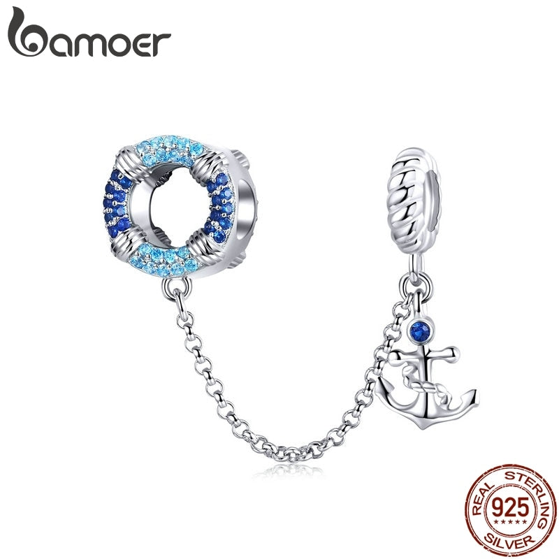 BAMOER Genuine 925 Sterling Silver Sea Blue Pendant Chain Stopper Beads fit  Charms Bracelets for Women Jewelry SCC1149