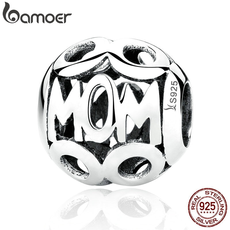 BAMOER Christmas Gift 100% 925 Sterling Silver MOM Pendant Charms for Mother Fit Women Bracelets & Necklace Fine Jewelry SCC060