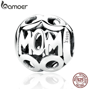 BAMOER Christmas Gift 100% 925 Sterling Silver MOM Pendant Charms for Mother Fit Women Bracelets & Necklace Fine Jewelry SCC060
