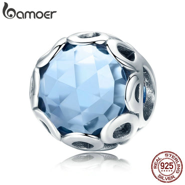 BAMOER New Arrival 925 Sterling Silver Infinity Blue Crystal CZ Round Beads fit Charm Bracelets Necklaces Jewelry Making SCC755