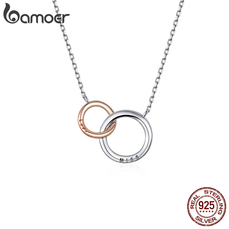 bamoer Double Circle Chain Necklace for Women Rose Gold Color 925 Sterling Silver Miss & Love Wedding Fine Jewelry BSN159