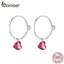 bamoer Big Round Circle Earrings with Red Heart Stone Charm Women Dangle Earings 925 Sterling Silver Fashion Jewelry BSE317