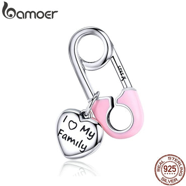 BAMOER 925 Sterling Silver Pink Enamel Pink Family Heart Charms Fit Charm Bracelets Fashion Jewelry SCC1145