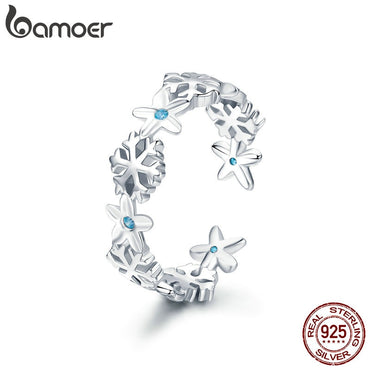 BAMOER Authentic 925 Sterling Silver Winter Snowflake Finger Rings for Women Snowflake Wedding Engagement Ring Jewelry BSR015