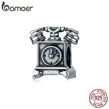 bamoer Real 925 Sterling Silver Retro Telephone Metal Beads Charm for Women Silver Bracelet Silver 925 Jewelry Making BSC156