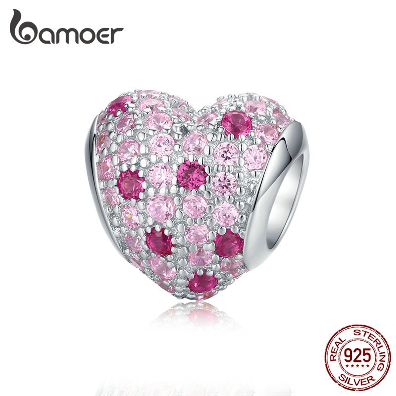 bamoer 925 Sterling Silver Pink CZ Heart Charm for Original Silver Snake Bracelets Women Romantic Jewelry Accessories BSC118