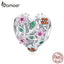 bamoer 925 Sterling Silver Heart Shape Charm for Women Jewelry Making Pink Flower Beads for Original Bracelet Bangle BSC117
