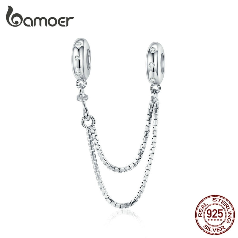 bamoer Genuine 925 Sterling Silver Safety Box Chain Charm for Original Silver Bracelet Stopper Charms with Silicone SCC1419