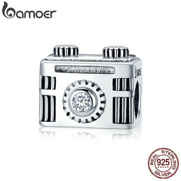 BAMOER Original 925 Sterling Silver Sentimental Snapshots Camera Charm Fit Bracelet & Necklace Black Enamel DIY Jewelry SCC516
