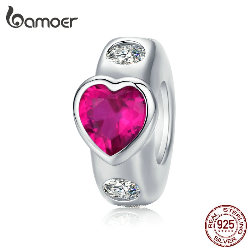 bamoer 925 Sterling Silver Heart Rings Beads for Women Silver Charm Bracelets CZ Stone DIY Jewelry Making Accessories BSC123