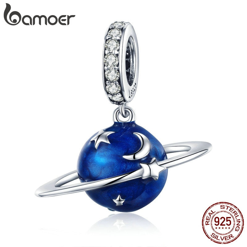 BAMOER 925 Sterling Silver Secret Planet Moon Star Pendant Blue Enamel Charms Fit Charm Bracelets Necklace Silver Jewelry SCC933