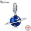 BAMOER 925 Sterling Silver Secret Planet Moon Star Pendant Blue Enamel Charms Fit Charm Bracelets Necklace Silver Jewelry SCC933